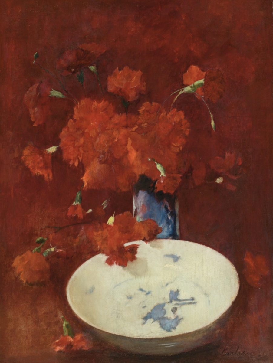 Emil Carlsen painting of red carnations and delft