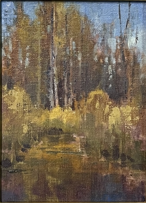 Plein air study of cottonwoods and pond reflections